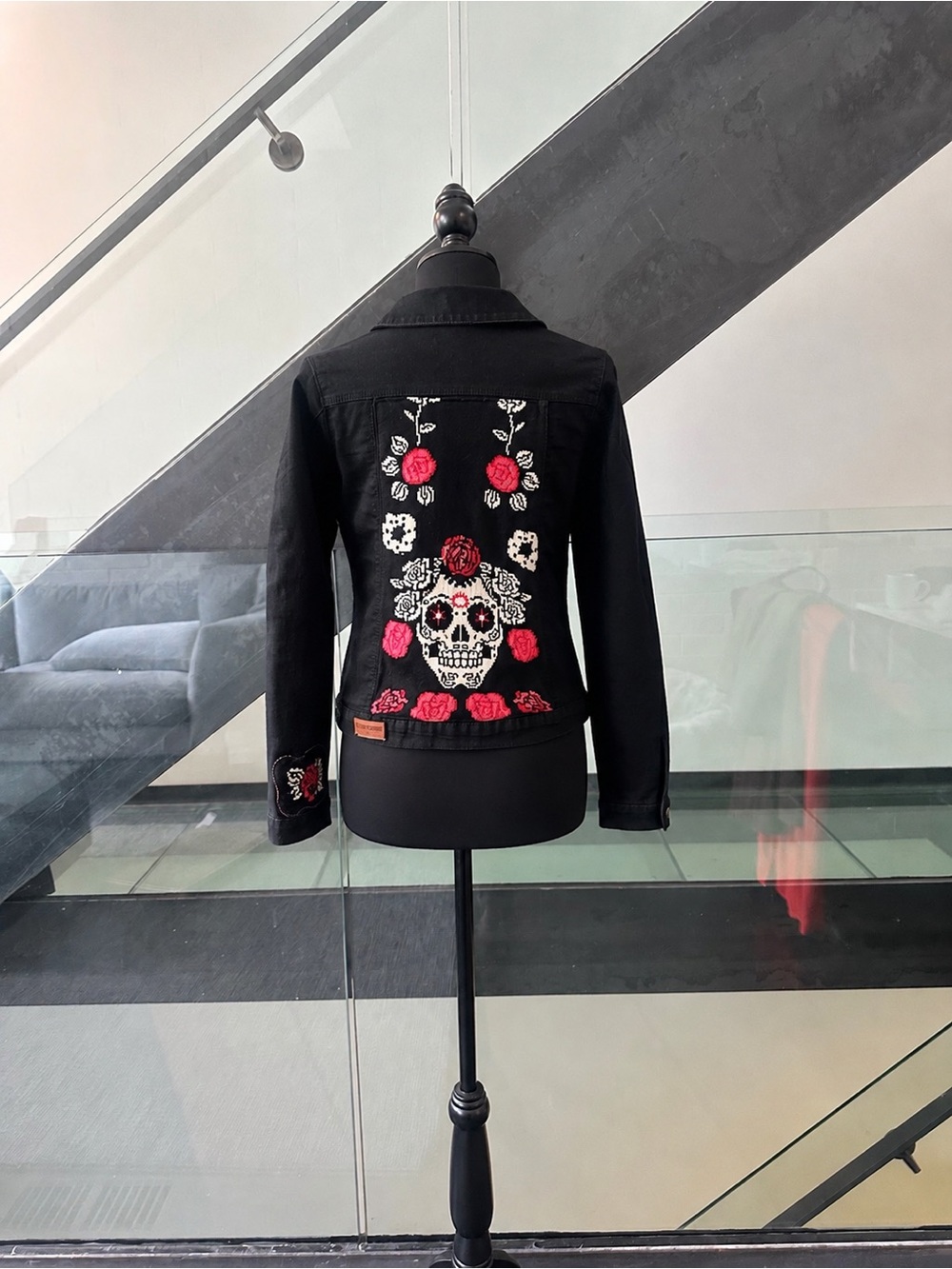 Sandra Torres Atelier Black Denim Jacket Skull Rose Embroidered